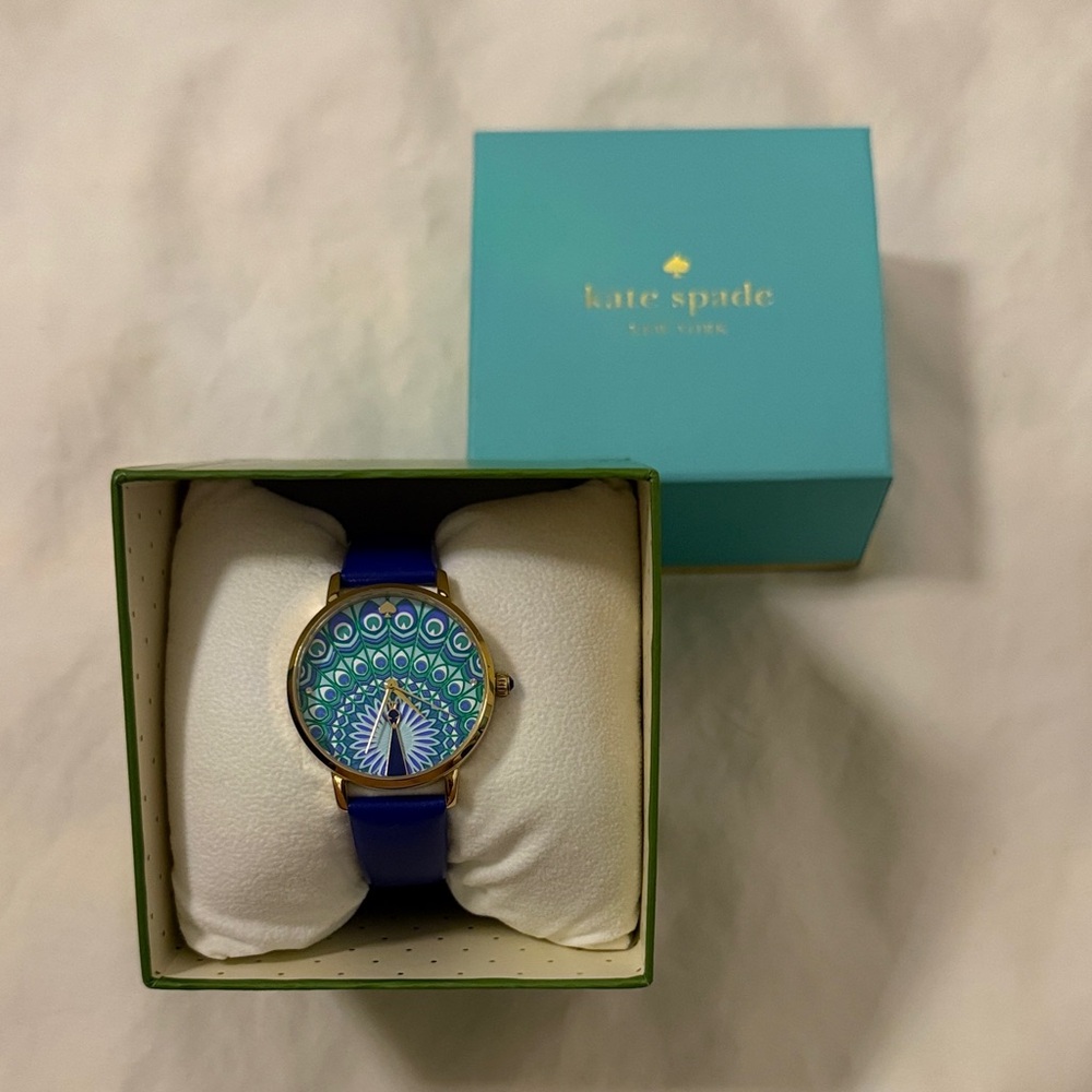 Kate Spade Peacock Design Watch with Blue Strap & sapphire on crown